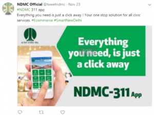 NDMC – 311 app was mentioned on twitter by New Delhi Municipal Council (NDMC)
